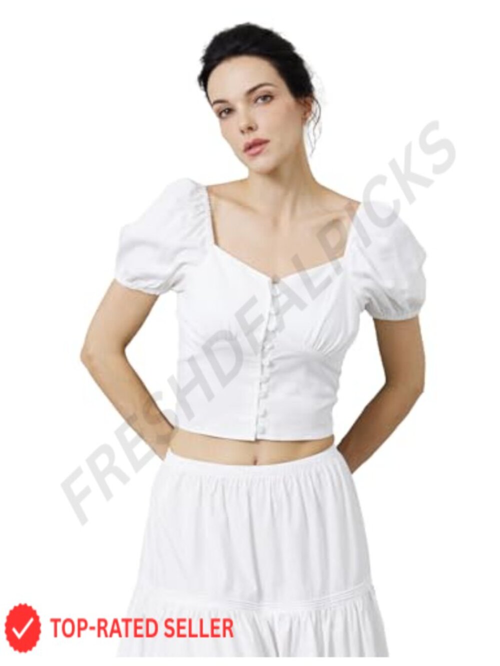 100% Cotton Renaissance Puff Sleeve Button Down Crop Top Blouse